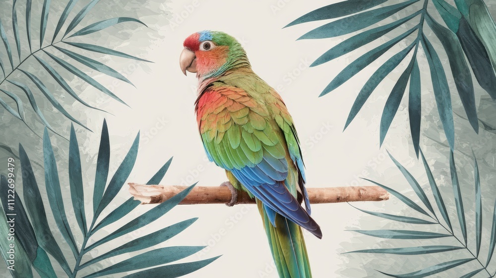 Obraz premium Vibrant tropical bird on branch in lush greenery a watercolor nature scene from an artistic perspective