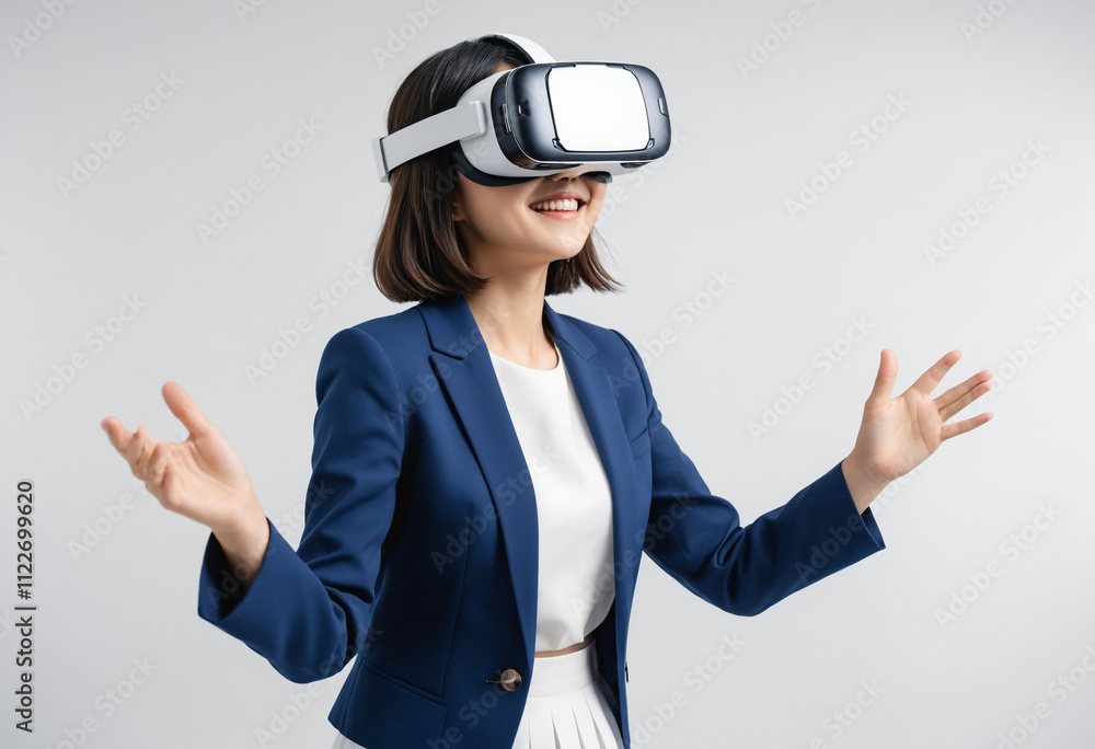 Pretty Girl smiling while Exploring Virtual Reality Gear, wearing work office outfit posing at isolated white clean background Pretty Girl smiling while Exploring Virtual Reality Gear, wearing work office outfit posing at isolated white clean background