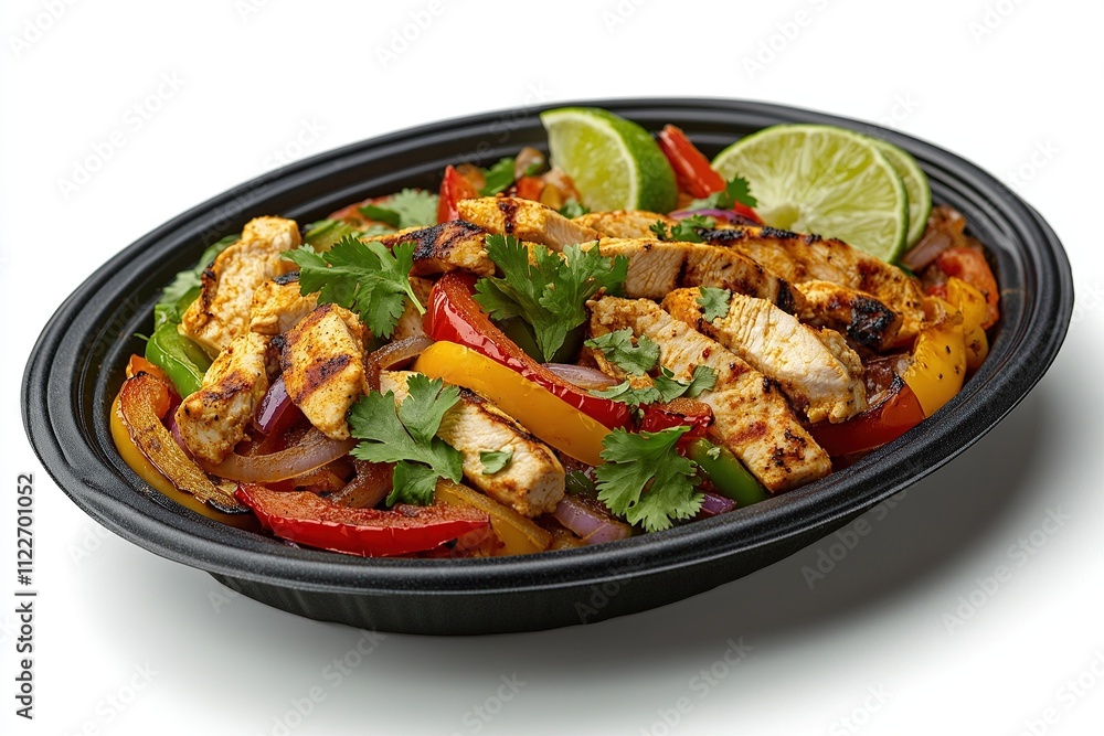 Fototapeta premium A sizzling plate of chicken fajitas with tender grilled chicken strips, vibrant bell peppers, and caramelized onions.