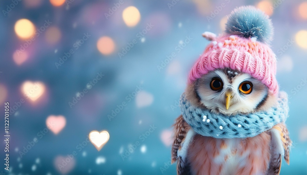 Obraz premium A cute, little, baby owl in warm winter clothes, symbol of love. Pastel, animal concept. Valentine's Day, love, cute fairy tale creature. Illustration copy text space