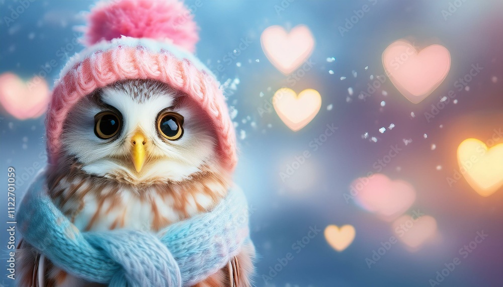 Obraz premium A cute, little, baby owl in warm winter clothes, symbol of love. Pastel, animal concept. Valentine's Day, love, cute fairy tale creature. Illustration copy text space