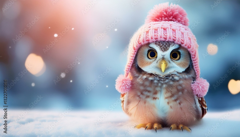 Obraz premium A cute, little, baby owl in warm winter clothes, symbol of love. Pastel, animal concept. Valentine's Day, love, cute fairy tale creature. Illustration copy text space