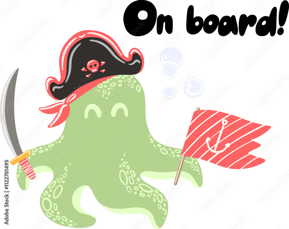 Obraz premium Composition with pirate octopus. Vector cute illustration.