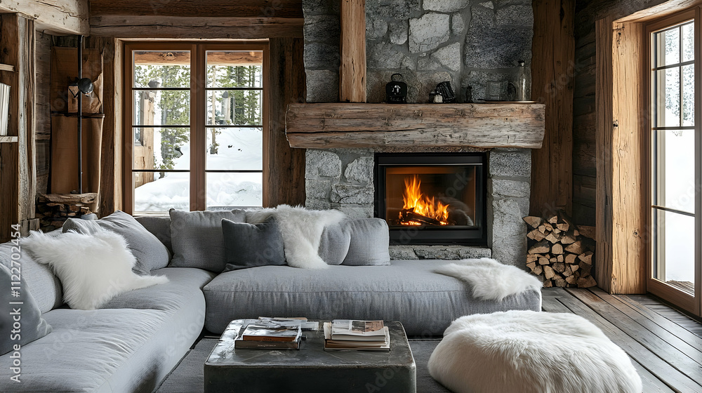 Fototapeta premium Cozy winter cabin living room with fireplace snowy landscape interior design rustic environment inviting viewpoint warm atmosphere