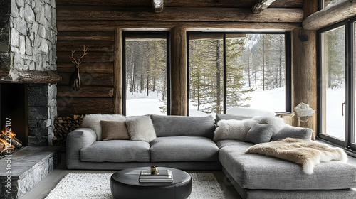 Cozy winter retreat in a rustic mountain cabin living room design snowy landscape contemporary comfort inviting atmosphere