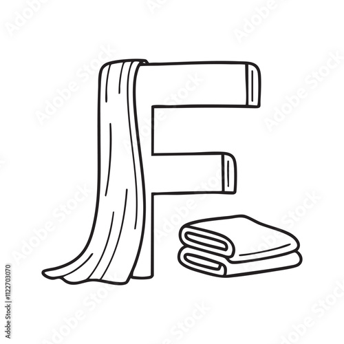 An illustration of letter F beside fabric photo