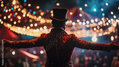 A man wearing a circus costume with a top hat on the background of lights in the circus