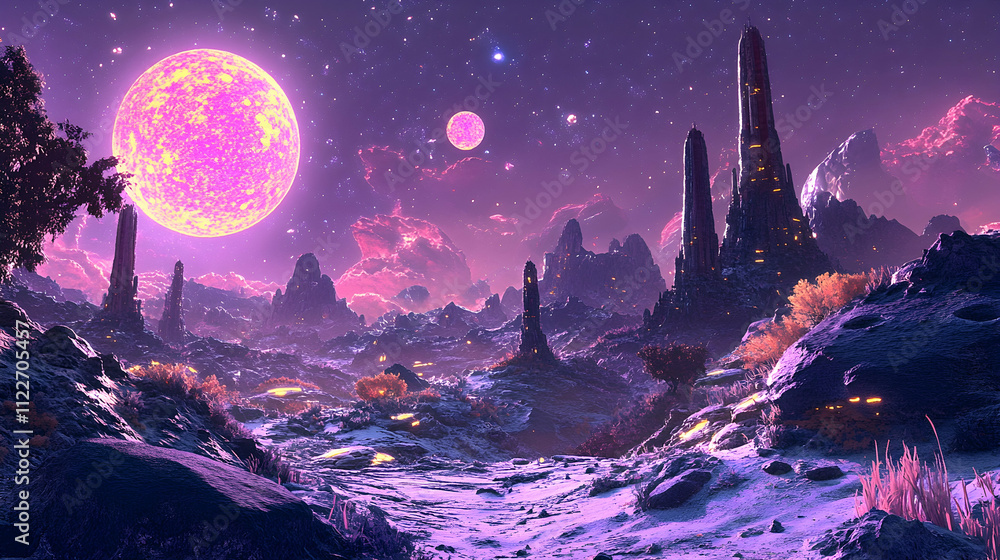 Fototapeta premium Otherworldly landscape with dual moons cosmic terrain digital art surreal environment wide view sci-fi concept