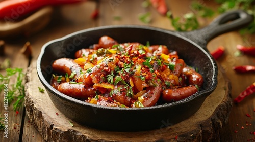 Obraz na płótnie Cocktail wieners served in a mini cast iron pan, with a rustic wooden backdrop and decorative chili flakes