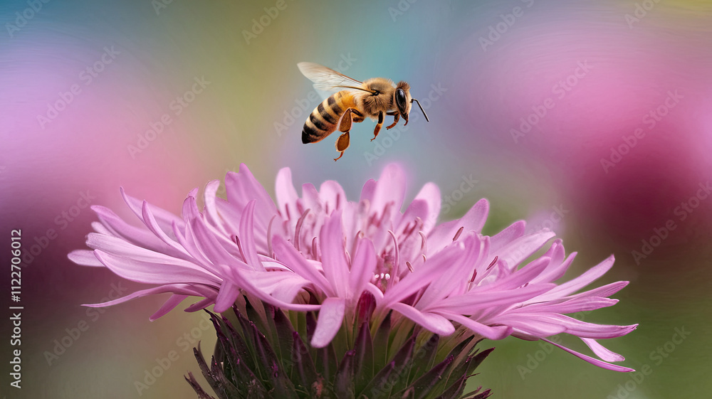 Honeybee in Mid-Flight Hovering Above Vibrant Pink Flower, Collecting Nectar or Pollen, Dreamy Soft-Colored Background, Ethereal and Nature-Inspired Scene, Close-Up of Pollination in Action Honeybee in Mid-Flight Hovering Above Vibrant Pink Flower, Collecting Nectar or Pollen, Dreamy Soft-Colored Background, Ethereal and Nature-Inspired Scene, Close-Up of Pollination in Action