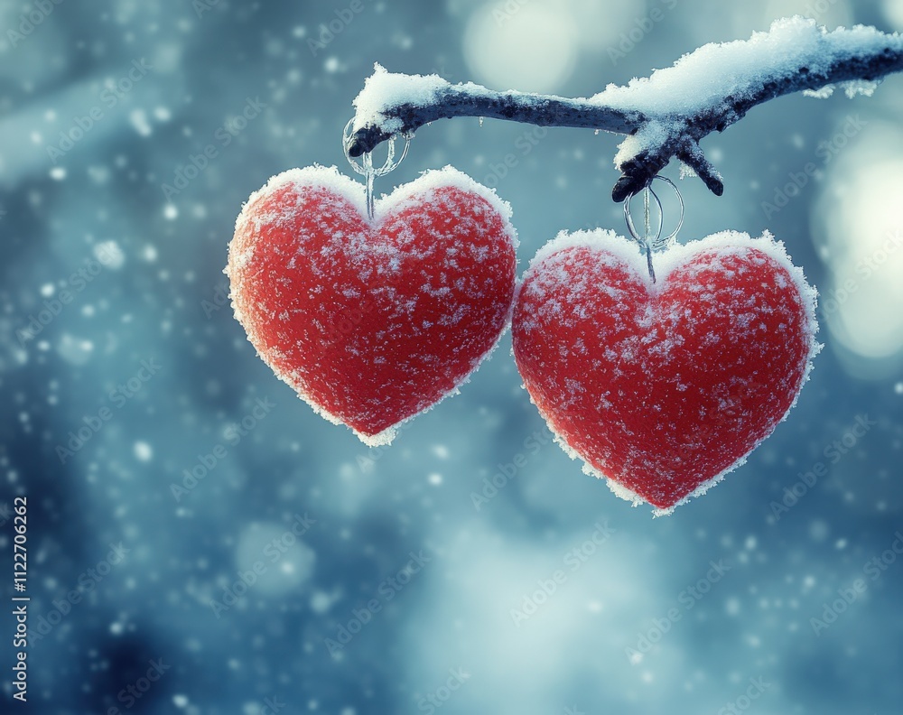 Fototapeta premium Two snow-covered red hearts hanging from a wintry branch, a romantic winter scene.