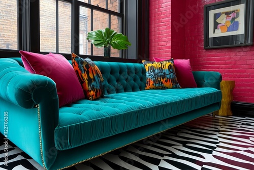 A vibrant teal tufted sofa with colorful cushions in a chic, modern setting featuring bold pink walls and a striped floor. house interior, arrangement ideas photo