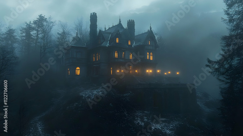 Mysterious gothic mansion enigmatic forest nighttime scene eerie atmosphere low angle haunting elegance for spooky inspiration photo