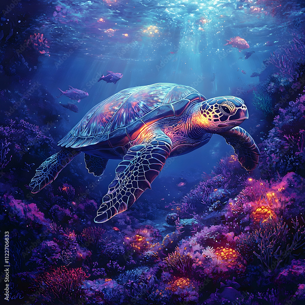 Obraz premium Underwater adventure sea turtle exploration in vibrant coral reef ocean depths nature photography serene viewpoint marine life conservation