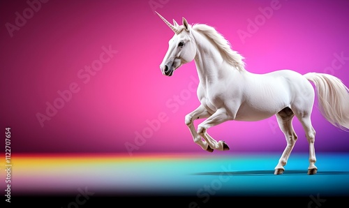 Majestic unicorn racing across a vibrant rainbow, shimmering colors blending in a whimsical sky, embodying enchantment and fantasy. photo