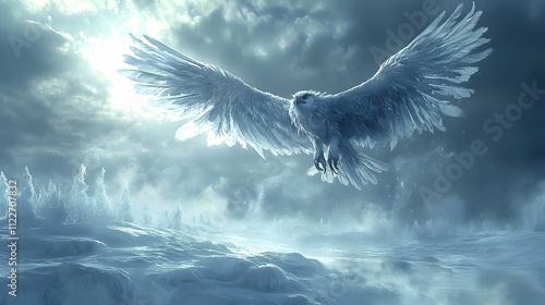 Majestic ice eagle soars across frozen landscape winter wonderland digital art ethereal atmosphere aerial view fantasy concept photo