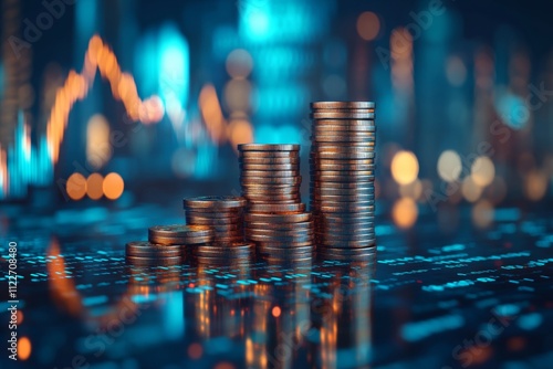 A stack of coins is on a table with a city skyline in the background