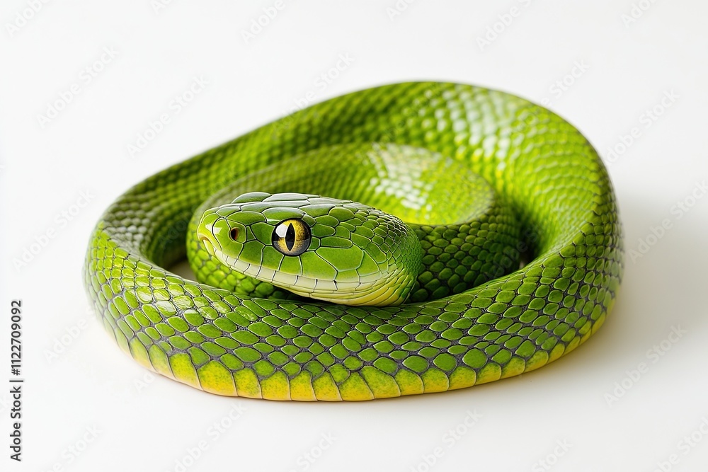 Obraz premium Coiled green snake on white background.