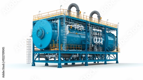 A large industrial machine with a blue exterior, featuring pipes and a structured platform, designed for processing or manufacturing. photo