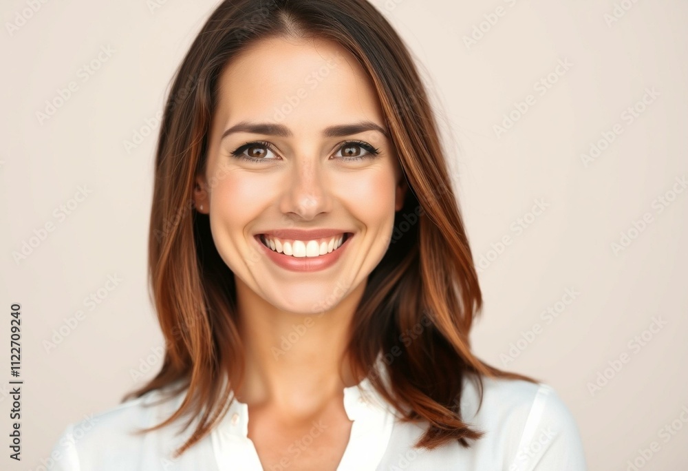 Portrait of a smiling woman with long brown hair and white blouse Portrait of a smiling woman with long brown hair and white blouse