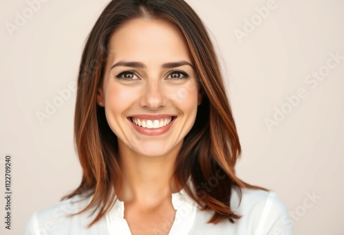 Portrait of a smiling woman with long brown hair and white blouse