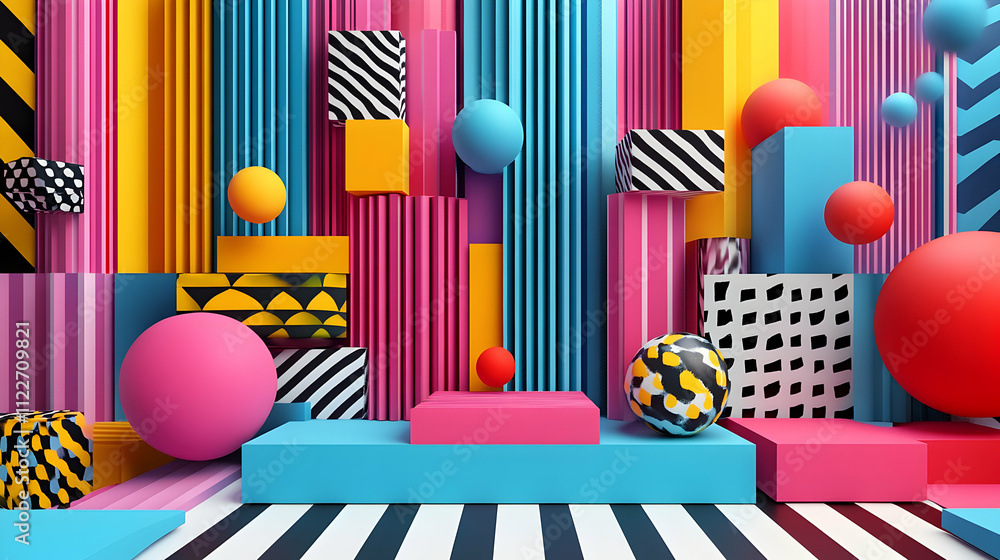 Obraz premium Vibrant geometric shapes and patterns abstract studio 3d artwork colorful environment creative viewpoint art concept for visual impact