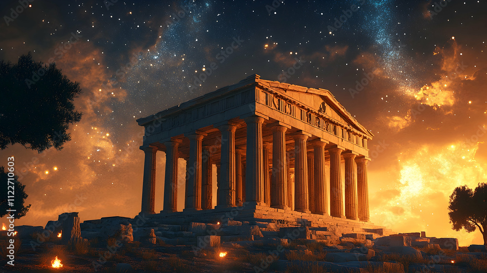 Obraz premium Ancient temple at dusk greece digital art cosmic environment dramatic viewpoint timeless beauty and culture