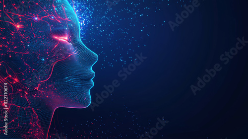 Neon face silhouette in cyberspace. Digital technology abstract conceptual banner. Human neon face in future tech line art style. Neural network mind in digital virtual reality. AI learning techniques photo