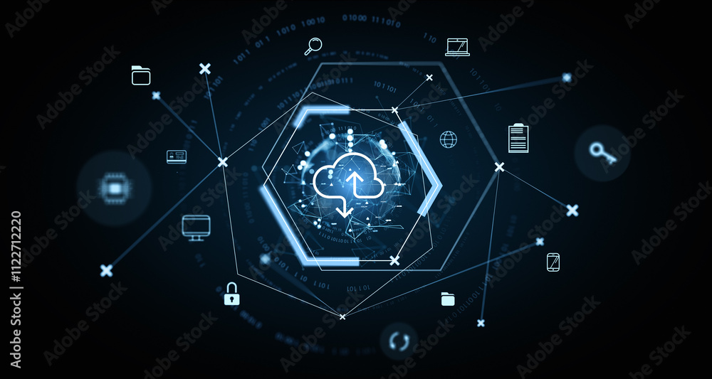Obraz na plátně Digital cloud technology concept with hexagonal interface on dark background