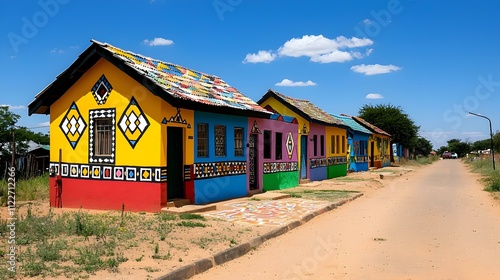 Vibrant Ndebele Village, intricately painted houses adorned with bold geometric patterns, showcasing rich cultural heritage and artistic expression. photo