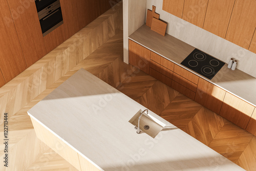 Top view of modern kitchen interior with wooden cabinets and chevron parquet floor design. 3D Rendering photo