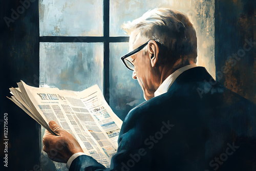 An elderly man reads a newspaper by a window, reflecting on current events.