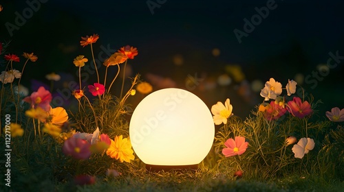 Glowing Orb Among Colorful Flower Garden