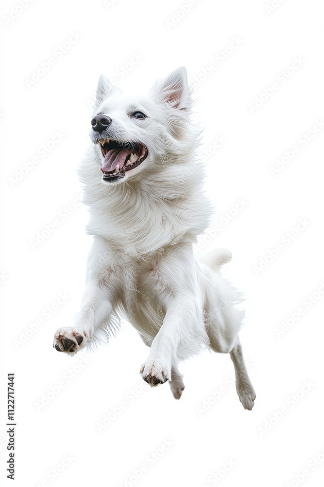 Fototapeta premium Happy white dog jumping in mid-air with joyful expression during playtime
