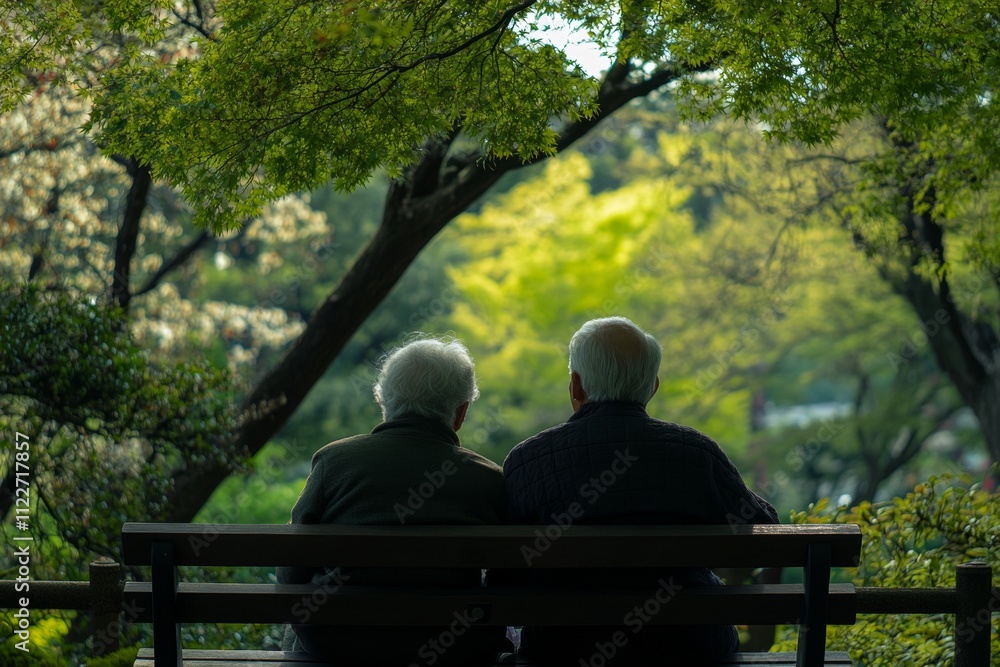 Fototapeta premium Two elderly people are sitting on a bench in a park