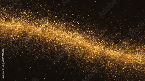 Mesmerizing Golden Particles in Motion Against Black Background, Dynamic Shimmering Effect with Dense Center Gradually Dispersing Outwards, Elegant and Luxurious Atmosphere, Starry Night 