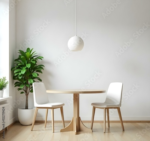 A minimalist dining room with a round wooden table, two white chairs, and a pendant light fixture with a white globe shade hanging from the ceiling. The room has a clean, simple aesthetic with neutral
