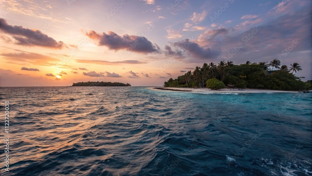 Obraz premium Deep blue ocean waves gently lapping against the shore of a deserted island at sunset, tranquility, vastness, clouds, horizon