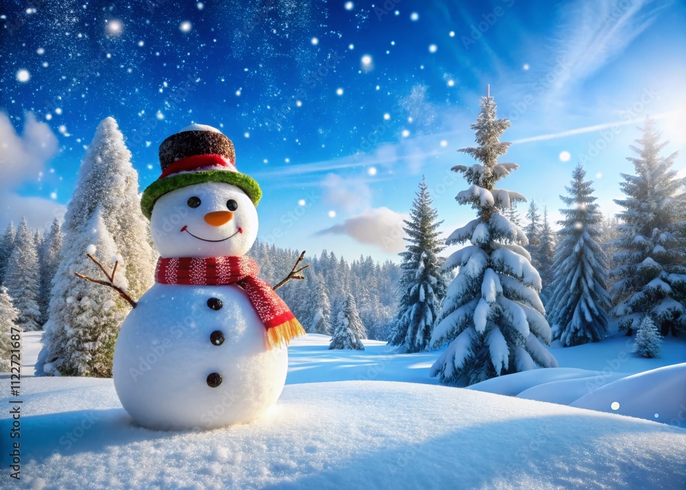 Obraz premium A Charming Snowman Amidst a Scenic Winter Landscape with Snow-Covered Trees and a Bright Blue Sky