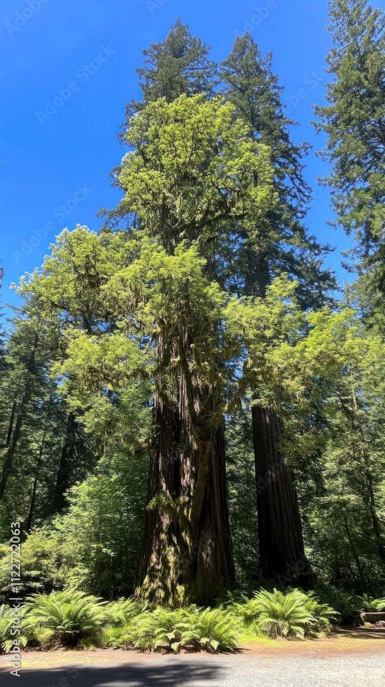 Fototapeta premium A towering redwood tree surrounded by lush greenery under a clear blue sky.