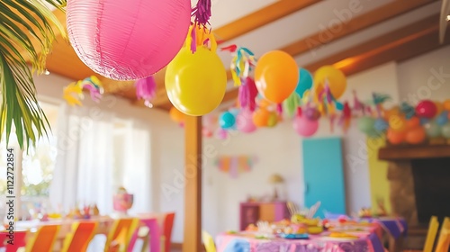 A colorful home party setup with vibrant decorations, streamers, and balloons for a tropical luau theme photo