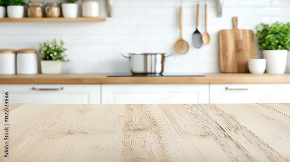Modern kitchen with wooden countertop, utensils, and potted plants against white tiles. Modern kitchen with wooden countertop, utensils, and potted plants against white tiles.
