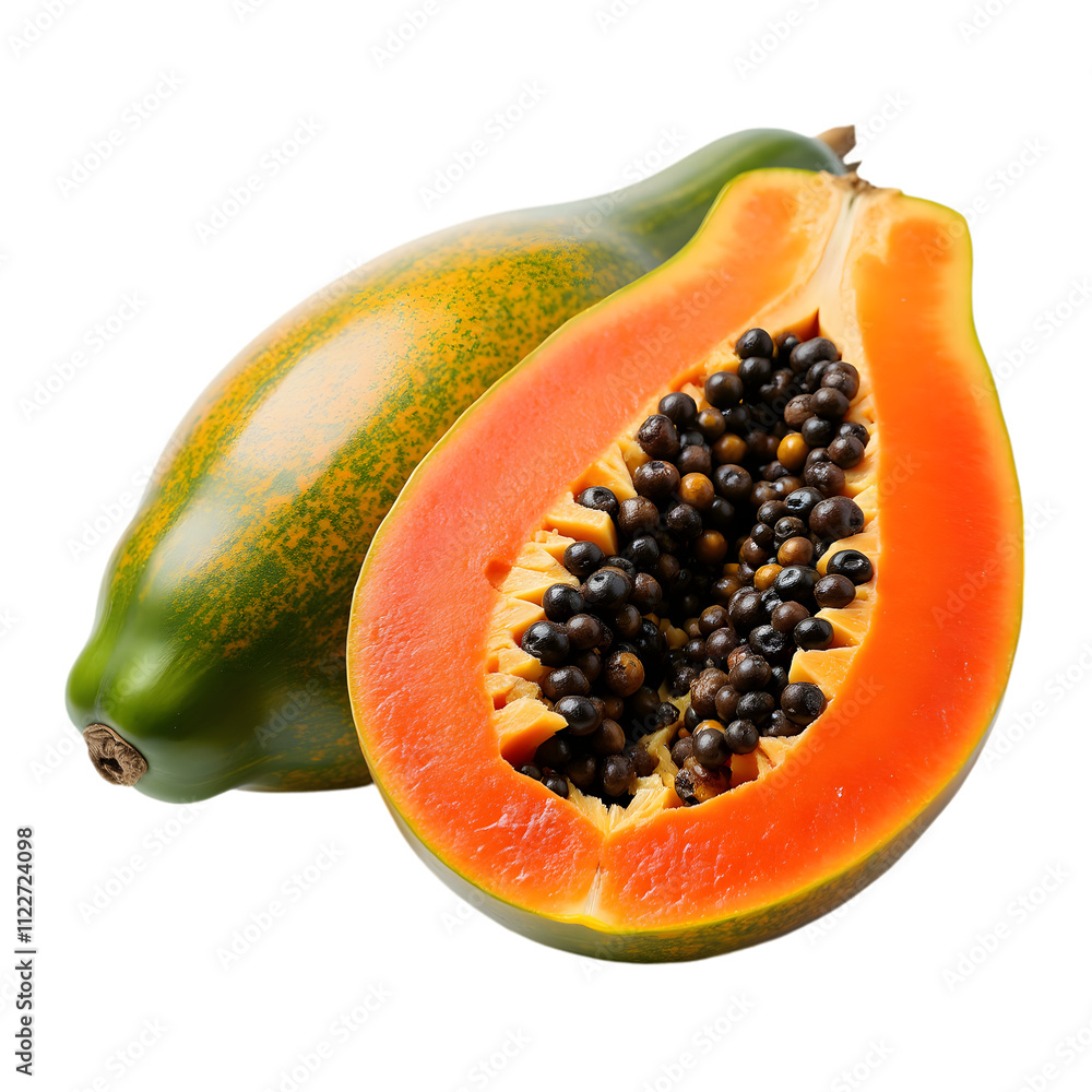 Cross section of ripe papaya with juicy orange flesh and black seeds ...