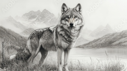 Here's a description and keywords for your stock photo.. Majestic grey wolf standing by a tranquil mountain lake, rendered in monochrome.