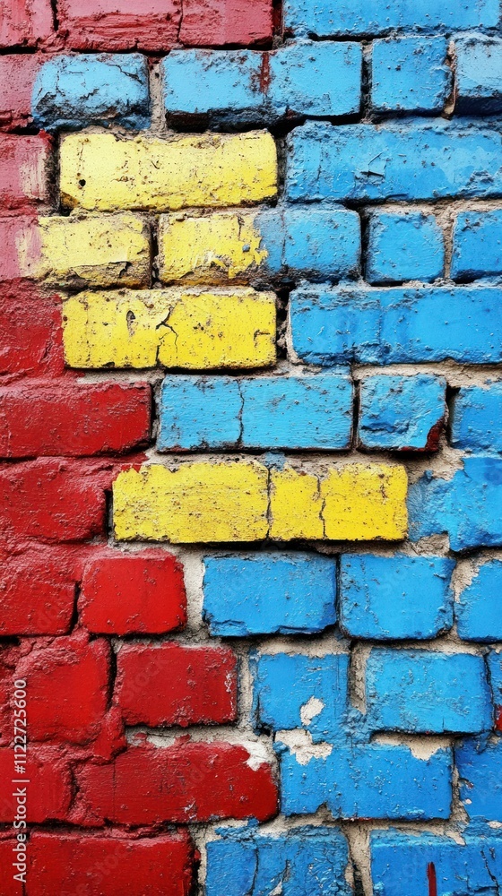 Fototapeta premium A vibrant brick wall painted in red, yellow, and blue, showcasing artistic expression.