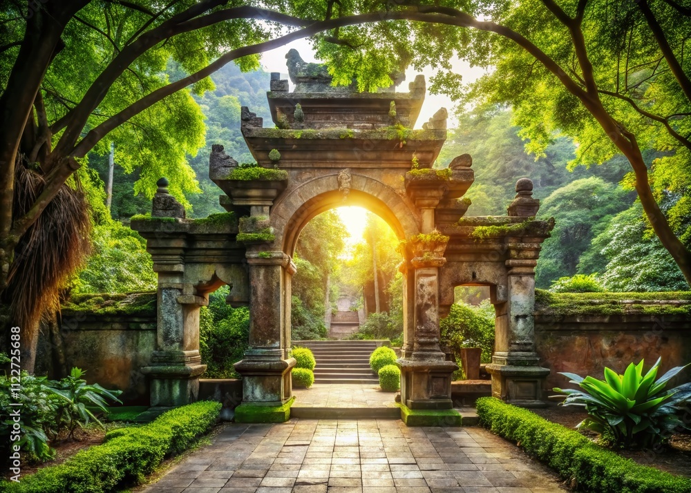 Fototapeta premium Ancient Temple Archway, Stone Entrance, Lush Courtyard