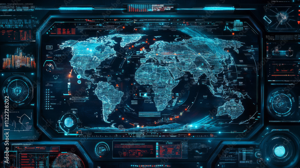 Fototapeta premium Earth Globe hologram with HUD, UI, GUI interface. Futuristic World Map command center. 3D World map in cyberspace. Scan of the globe, sky-fi elements. Military interface. Vector illustration