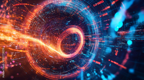Abstract concept of layered analysis curve paths data. Noise sphere with color curves, blurred lines and lens effects. Banner for business and science design. Big data. Quantum computing.
