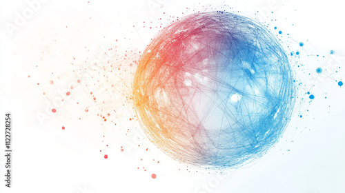 Abstract concept of layered analysis curve paths data. Noise sphere with color curves, blurred lines and lens effects. Banner for business and science design. Big data. Quantum computing.