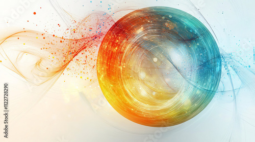 Abstract concept of layered analysis curve paths data. Noise sphere with color curves, blurred lines and lens effects. Banner for business and science design. Big data. Quantum computing.